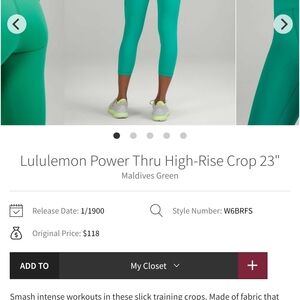 Lululemon Power Thru High-Rise Crop 23"
Maldives Green Size 14